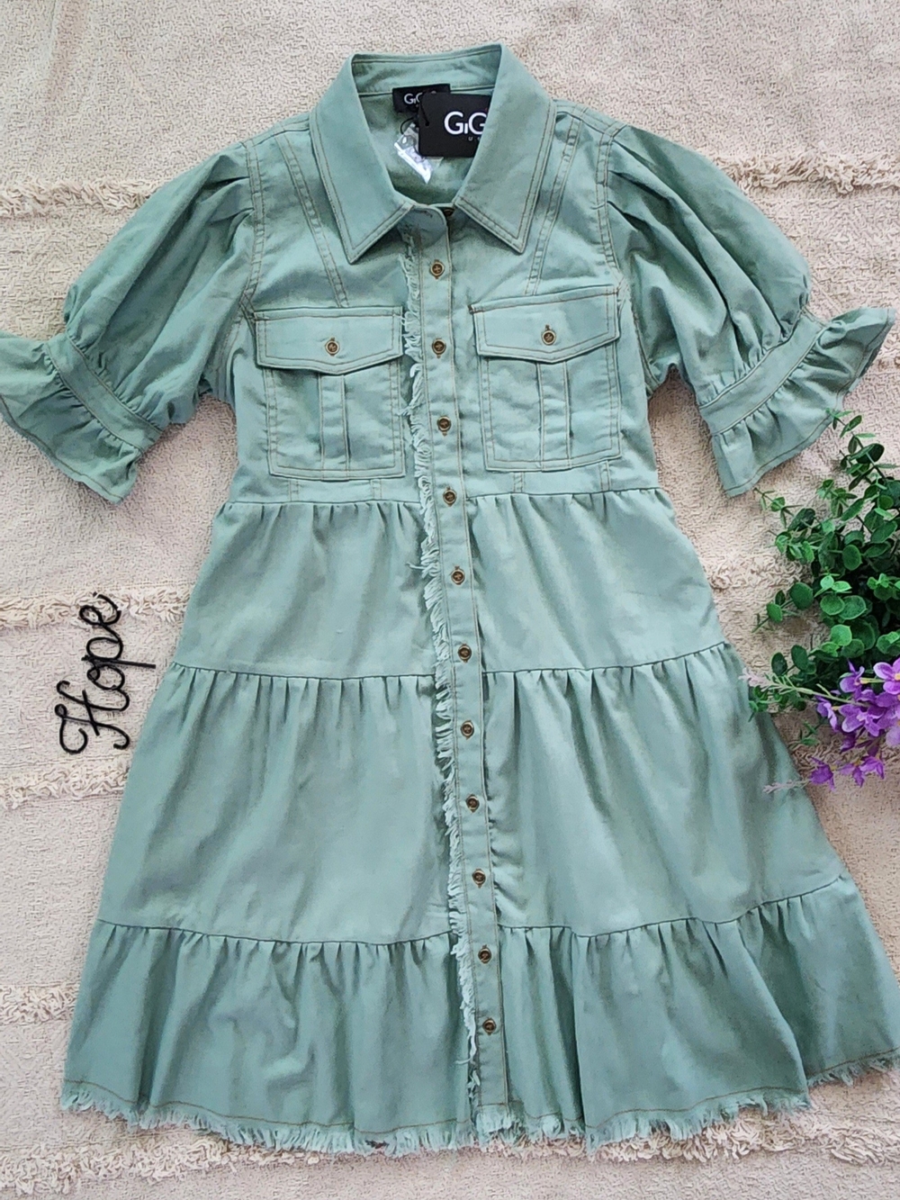 Sage Green Tiered Button-Front Denim Dress